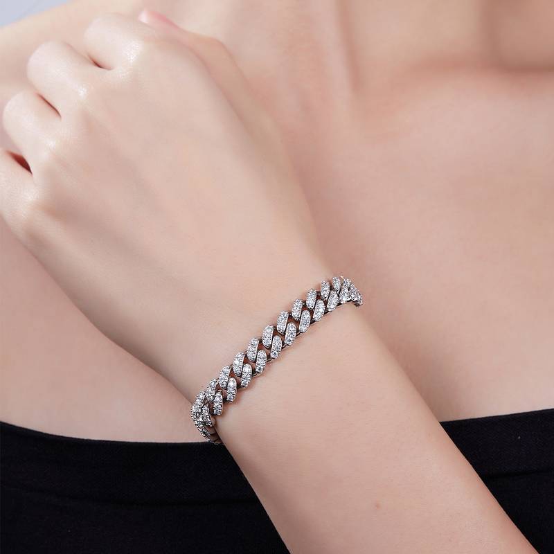 8mm宽Cuban ChainS925银镶Moissanite厘石圆形白色DVVS